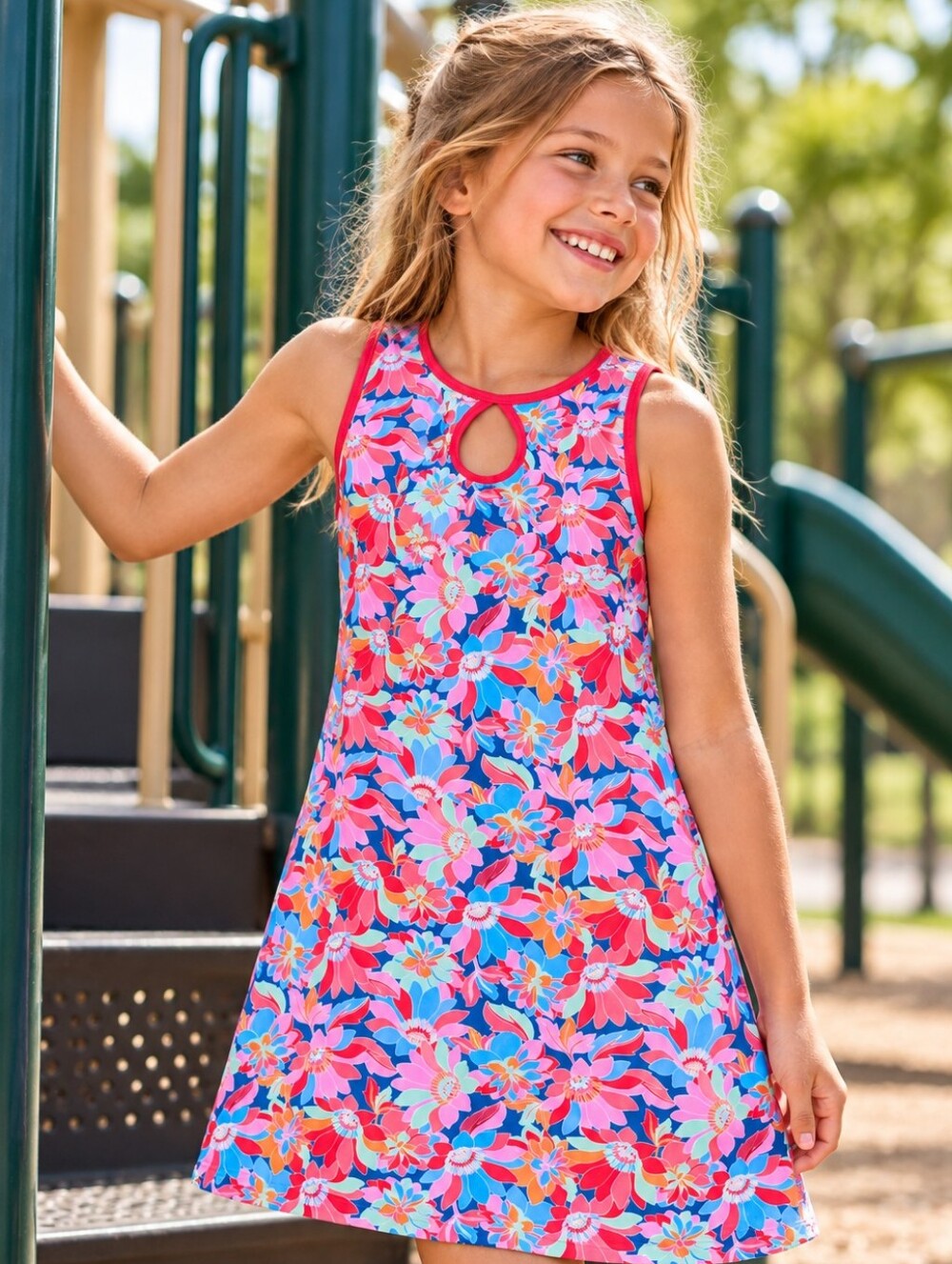 Nuu-Muu Mini Muu Girls Large Zinnia Floral Active Dress Keyhole USA Spandex UPF